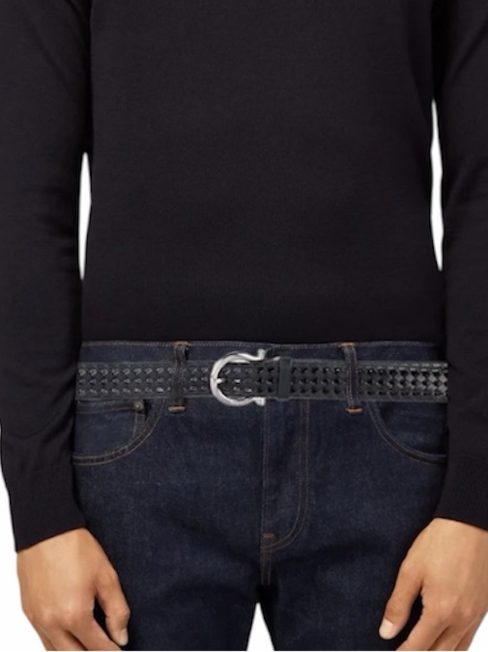 Salvatore Ferragamo Black Woven Leather Belt with Silver Buckle
